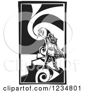 Black And White Woodcut God Thor Holding A Hammer Over A Swirl