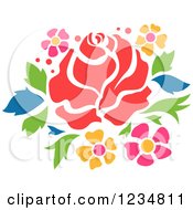 Clipart Of A Stenciled Rose And Flowers Royalty Free Vector Illustration