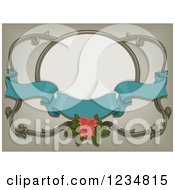 Poster, Art Print Of Turquoise Ribbon Banner With A Pink Rose And A Frame