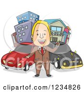 Rich Caucasian Man Toasting In Front Of His Cars And Buildings