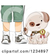 Poster, Art Print Of Puppy Dog Wearing A First Place Ribbon By His Masters Legs