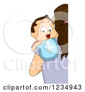 Clipart Of A Caucasian Baby Boy Smiling With A Burp Cloth Over His Mothers Shoulder Royalty Free Vector Illustration by BNP Design Studio
