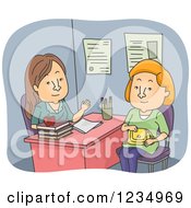 Clipart Of A Caucasian Female Teacher And Mother Talking At A Conference Royalty Free Vector Illustration