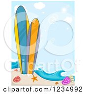 Clipart Of A Beach Backgorund With Sea Shells And Surfboards Royalty Free Vector Illustration by BNP Design Studio