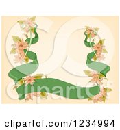 Clipart Of A Green Ribbon Banner With Pink Flowers Over Beige Royalty Free Vector Illustration