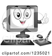 Clipart Of A Happy Desktop Computer Mascot Holding A Thumb Up Royalty Free Vector Illustration