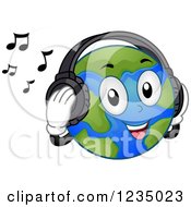 Poster, Art Print Of Happy Earth Mascot Listening To Music With Headphones