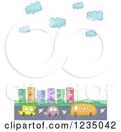 Clipart Of Doodled Vehicles On A Road By A City With Text Space Royalty Free Vector Illustration