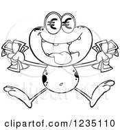 Clipart Of A Black And White Frog Character Jumping With Euro Cash Money Royalty Free Vector Illustration