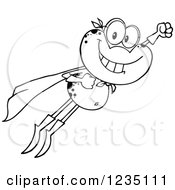 Clipart Of A Black And White Super Hero Frog Character Flying Royalty Free Vector Illustration