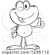 Clipart Of A Black And White Frog Character Winking And Holding A Thumb Up Royalty Free Vector Illustration