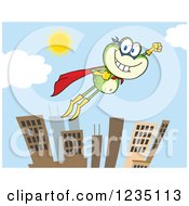 Poster, Art Print Of Super Hero Frog Character Flying Over A City