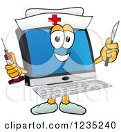 Clipart Of A Nurse PC Computer Mascot Holding A Syringe And Scalpel Royalty Free Vector Illustration