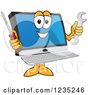 Clipart Of A Happy PC Computer Mascot Holding Tools Royalty Free Vector Illustration