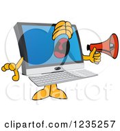Clipart Of A PC Computer Mascot Screaming Into A Megaphone Royalty Free Vector Illustration