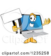 Clipart Of A PC Computer Mascot Holding Up A Blank Sign Royalty Free Vector Illustration