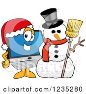 Clipart Of A PC Computer Mascot By A Christmas Snowman Royalty Free Vector Illustration by Toons4Biz