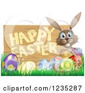 Clipart Of A Brown Bunny And Happy Easter Sign With Easter Eggs In Grass And A Basket Royalty Free Vector Illustration