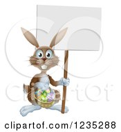 Poster, Art Print Of Brown Bunny Holding A Sign And Easter Basket