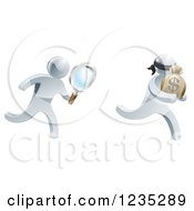 Poster, Art Print Of 3d Silver Detective Chasing A Thief With A Magnifying Glass