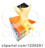 Poster, Art Print Of 3d Gold Person Graduate Cheering And Sitting On A Stack Of Books