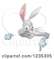 Clipart Of A Gray Bunny Rabbit Pointing Down Over A Sign Royalty Free Vector Illustration