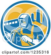Clipart Of A Retro Welder Worker In A Factory Circle Royalty Free Vector Illustration by patrimonio