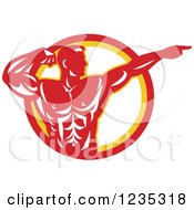 Poster, Art Print Of Red Retro Bodybuilder Flexing And Pointing Over A Circle