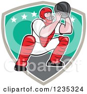 Poster, Art Print Of Cartoon Baseball Catcher Man Crouching Over A Shield