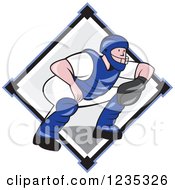 Poster, Art Print Of Cartoon Baseball Catcher Man Crouching Over A Diamond