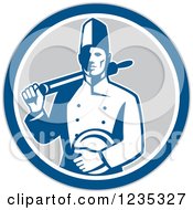 Poster, Art Print Of Retro Male Chef With A Plate And Rolling Pin In A Gray White And Blue Circle