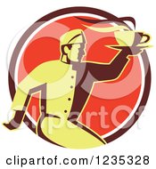 Retro Chef Running With Hot Soup On A Red Circle