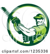 Retro Male Arborist Using A Chain Saw In A White And Green Circle