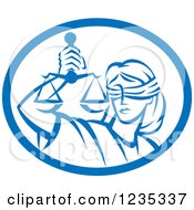 Poster, Art Print Of Retro Blindfolded Lady Justice Holding Scales In A Blue And White Oval