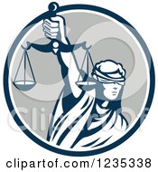 Clipart Of A Retro Blindfolded Lady Justice Holding Scales In A Blue And Gray Circle Royalty Free Vector Illustration