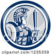 Clipart Of A Retro Centurian Roman Soldier In A Blue White And Gray Circle Royalty Free Vector Illustration