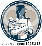 Clipart Of A Retro Male Handyman Holding A Paintbrush And Hammer In A Circle Royalty Free Vector Illustration