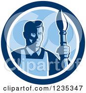 Poster, Art Print Of Retro Male Artist With A Paintbrush In A Blue Circle
