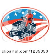 Poster, Art Print Of Man Riding A Lawn Mower Over An American Stars And Stripes Oval
