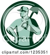 Clipart Of A Retro Green Landscaper With A Shovel In A Circle Royalty Free Vector Illustration