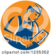Poster, Art Print Of Retro Male Butcher Holding A Meat Cleaver Knife In A Blue And Orange Circle