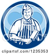 Clipart Of A Retro Male Butcher Holding A Meat Cleaver Knife In A Blue Circle Royalty Free Vector Illustration