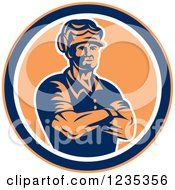 Clipart Of A Retro Blue And Orange Carpenter Man In A Circle Royalty Free Vector Illustration