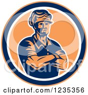 Poster, Art Print Of Retro Blue And Orange Carpenter Man In A Circle