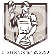 Clipart Of A Retro Male Janitor Holding A Mop And Bucket Over A Brown Shield Royalty Free Vector Illustration