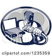 Clipart Of A Retro Computer Repair Man With A Cable And Laptop In A Gray Oval Royalty Free Vector Illustration by patrimonio