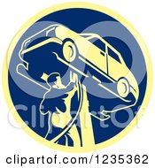 Poster, Art Print Of Retro Auto Mechanic Working On A Car On A Lift In A Blue And Yellow Circle