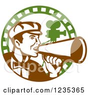 Poster, Art Print Of Retro Male Director Using A Bullhorn In A Film Strip Circle