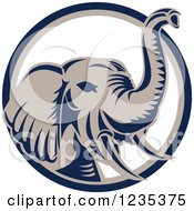 Poster, Art Print Of Retro Elephant In A Blue White And Tan Circle