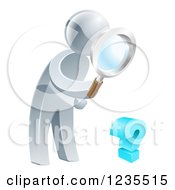 3d Silver Man Searching For Answers With A Magnifying Glass